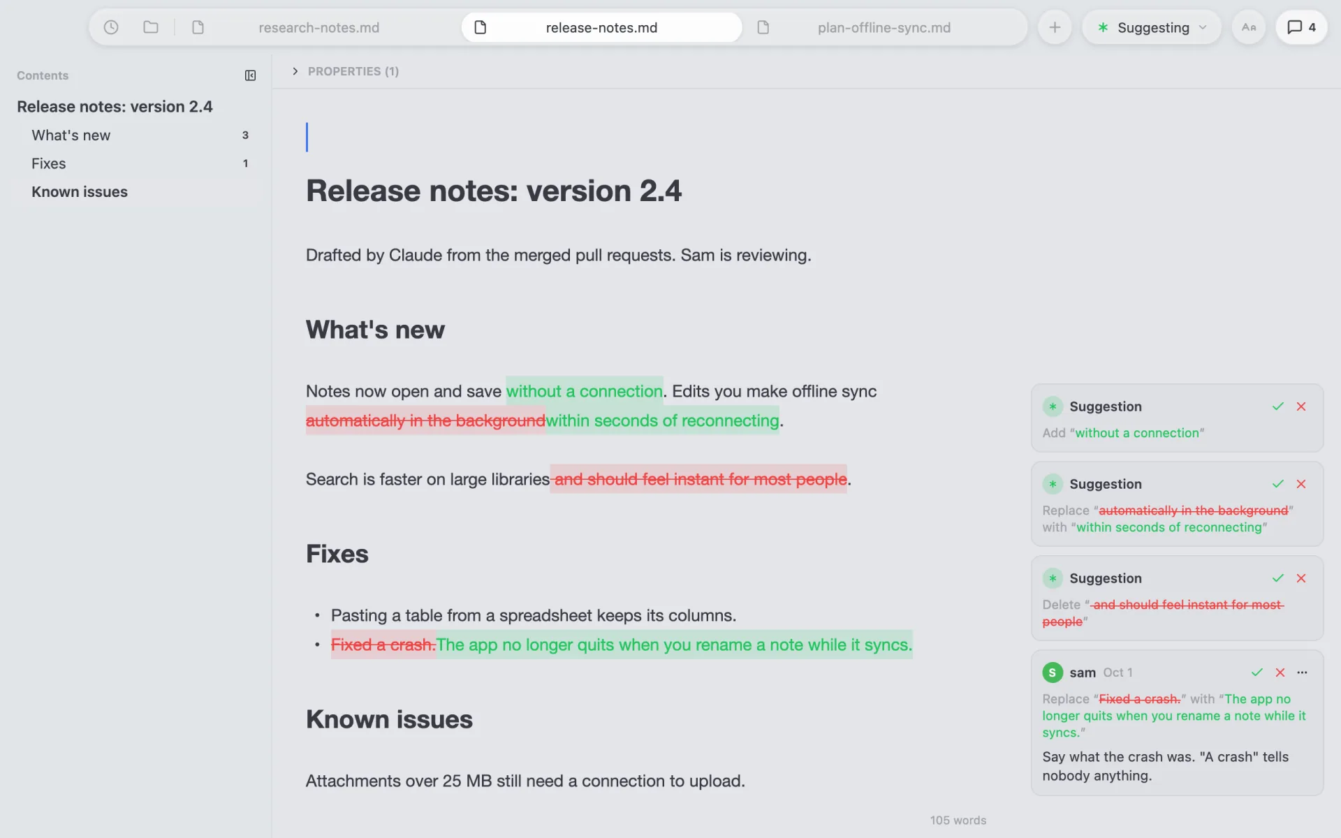 Release notes in Aria's Suggesting mode: added text in green, removed text struck through in red, and a card for each change with accept and reject buttons.