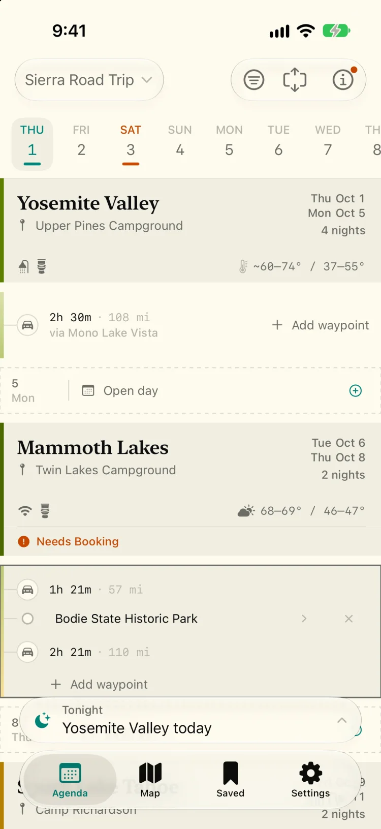 The drive from Mammoth Lakes to South Lake Tahoe opened in the agenda: 1h 21m to Bodie State Historic Park, then 2h 21m on to Tahoe.